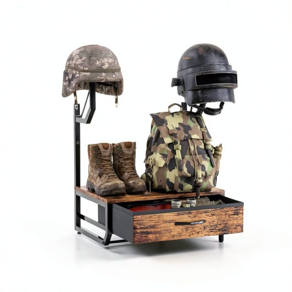 TQVAI Wall Mounted Helmet Rack with Drawer, Mesh Basket, Black Antique-3