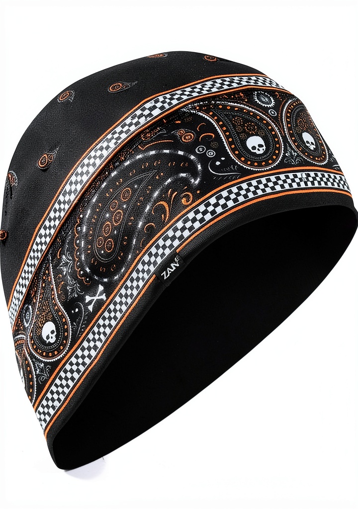Installing Zanheadgear Black & Orange Classic Bandana One Size on a wooden desk