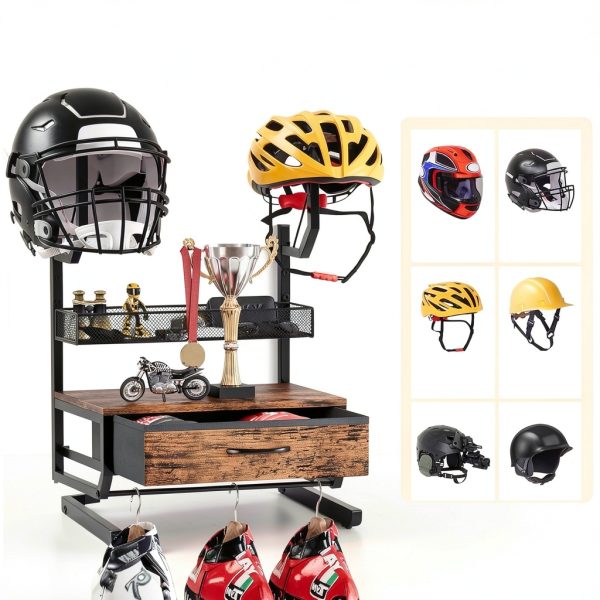 TQVAI Wall Mounted Helmet Rack with Drawer, Mesh Basket, Black Antique-1