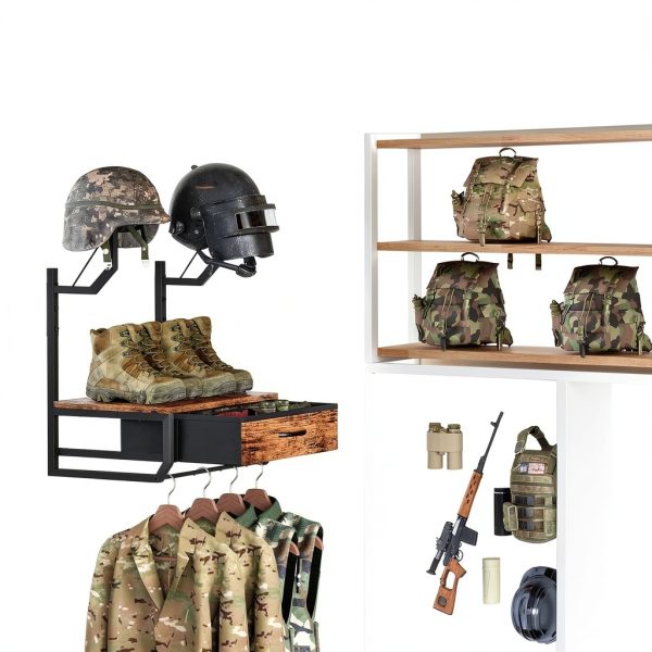 TQVAI Wall Mounted Helmet Rack with Drawer, Mesh Basket, Black Antique-5