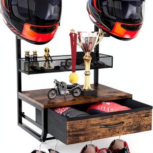 TQVAI Wall Mounted Helmet Rack with Drawer, Mesh Basket, Black Antique-0