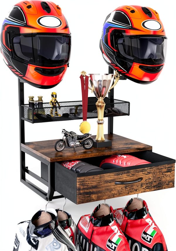 TQVAI Wall Mounted Helmet Rack with Drawer, Mesh Basket, Black Antique-0
